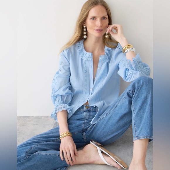 NWOT New J.Crew Eyelet Trim Button Up Shirt Frozen Lake Color L - Picture 5 of 10